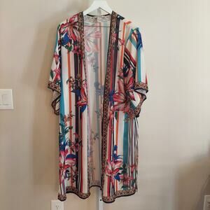 Freemarket Flying Tomato Floral Longline Duster Cardigan Semi Sheer Floral Beach